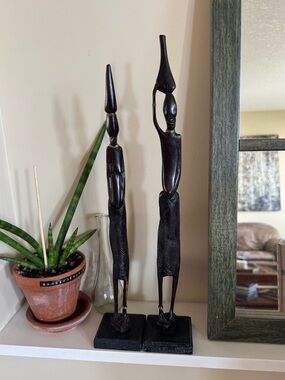 Vintage Hand Carved African Wooden Sculpture Pair